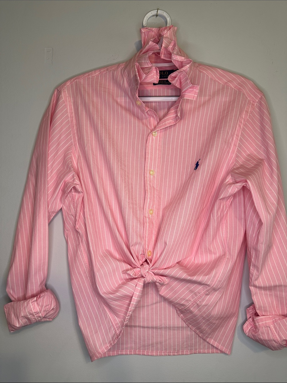 Polo by Ralph Lauren Pink & White Stripe Ruffled Collar Shirt